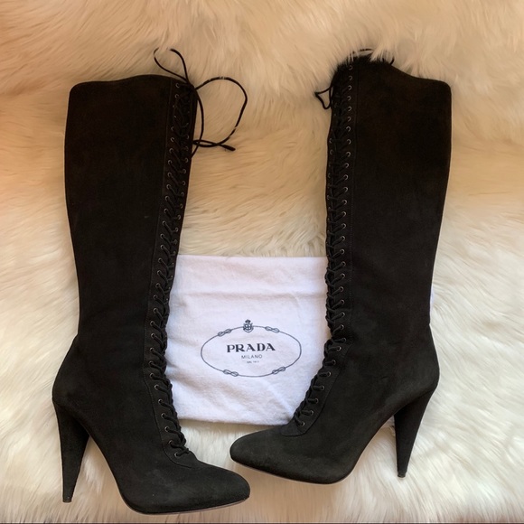 Prada Shoes - Auth. PRADA Milano Lace Up Suede Knee High Boots